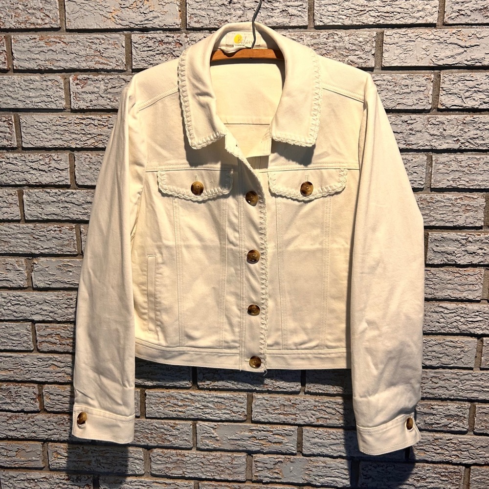 Boden Cream Denim Jacket Ric-Rac Trim Embroidered Trucker Off White US 14